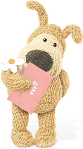 Cute Boofle character holding a birthday card and a white flower