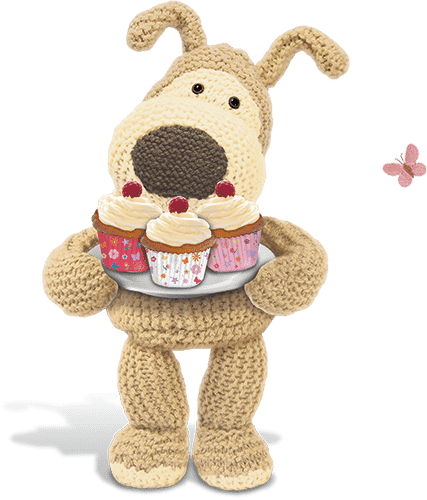 Cute Boofle character holding a tray of yummy cupcakes