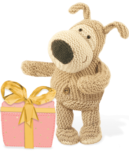 Boofle with a pink wrapped gift