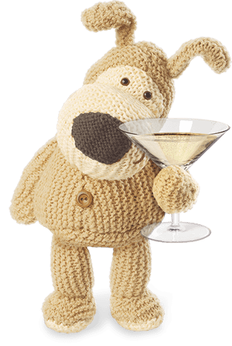 Boofle character holding a celebratory drink