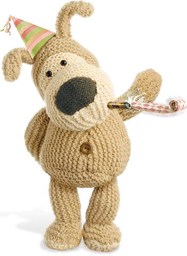 Boofle character wearing a stripy birthday party hat