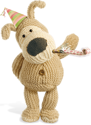 cute boofle character wearing a party hat