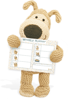 Boofle with a Boofle weekly planner
