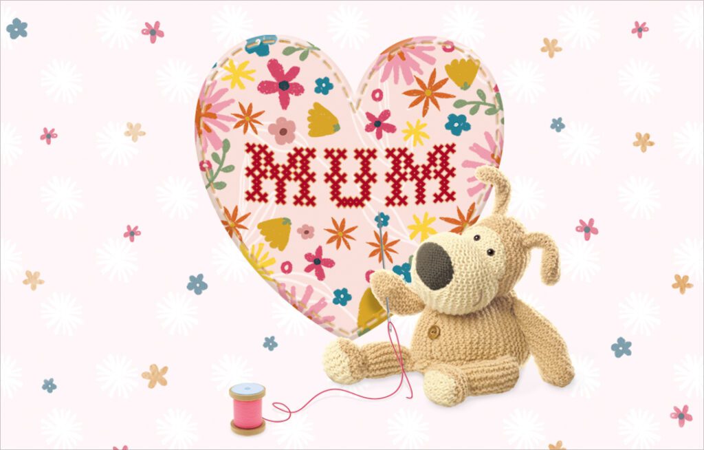 Boofle ideas for Mother's Day blog creative. Cute character Boofle with love heart