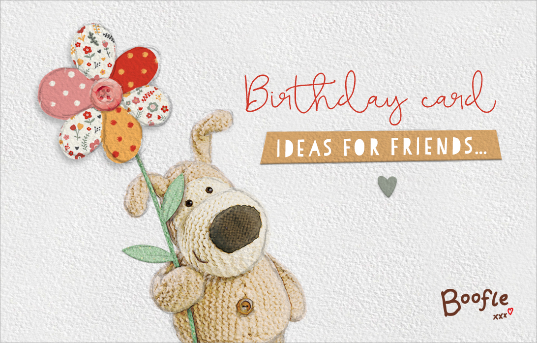 Boofle holding a flower. Birthday card ideas for friends