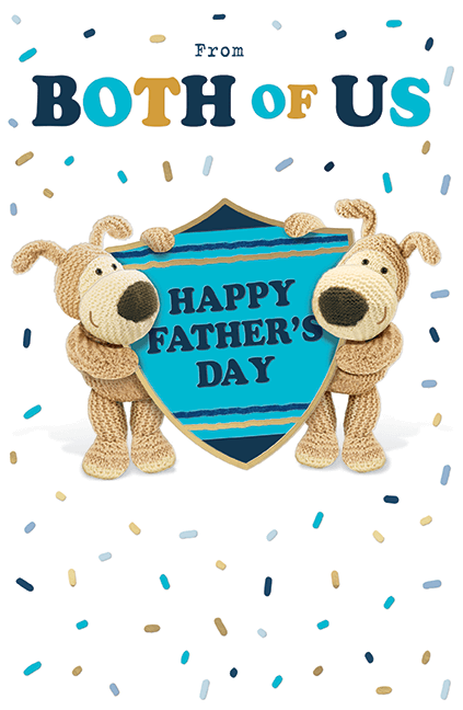 Boofle father's day card from two children that says 'Happy father's day from both of us'