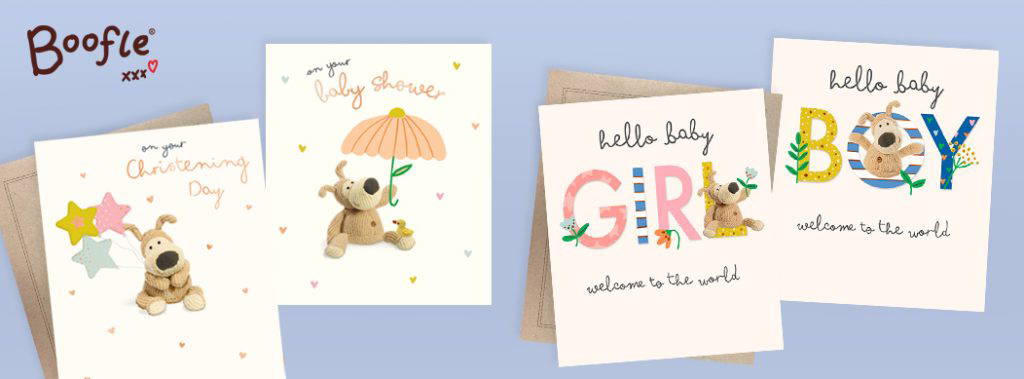 A selection of Boofle cards for baby showers and welcoming new babies.